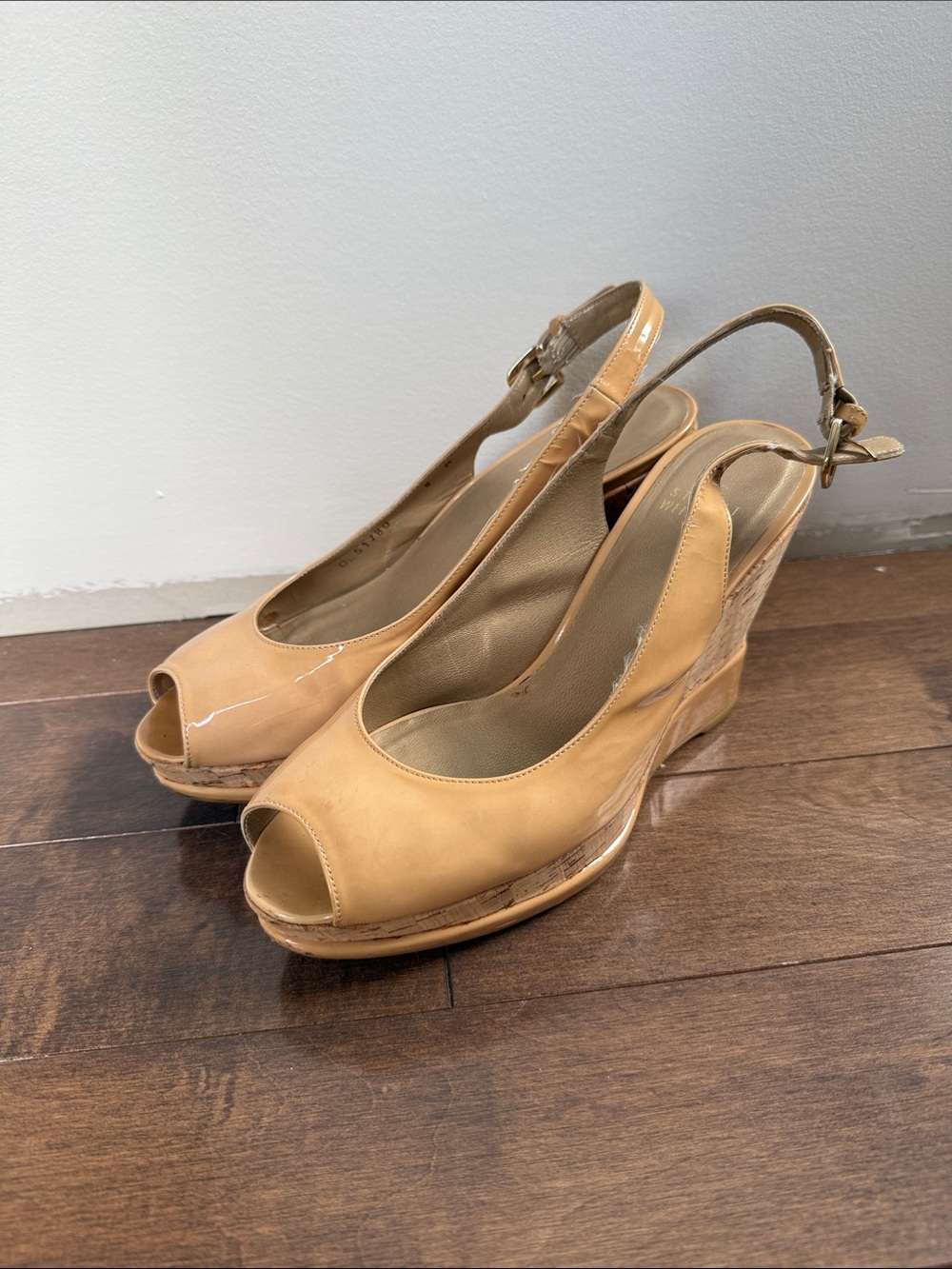 Stuart Weitzman Beige Patent Peep-Toe Slingback Wedge - Size 8M